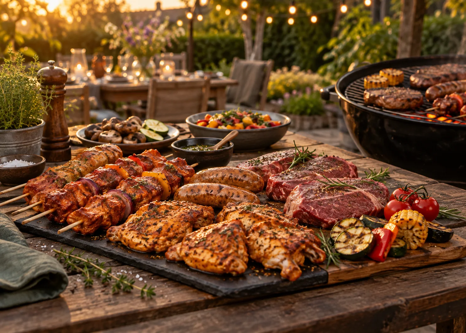 Barbecueassortiment op een sfeervolle buitentafel