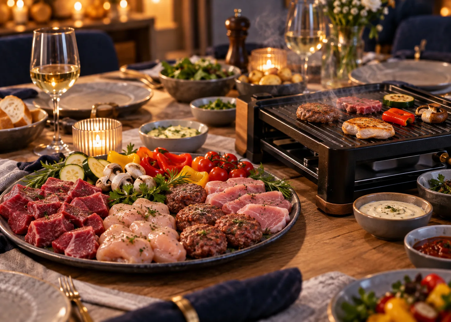 Gourmetassortiment naast een tafelgrill