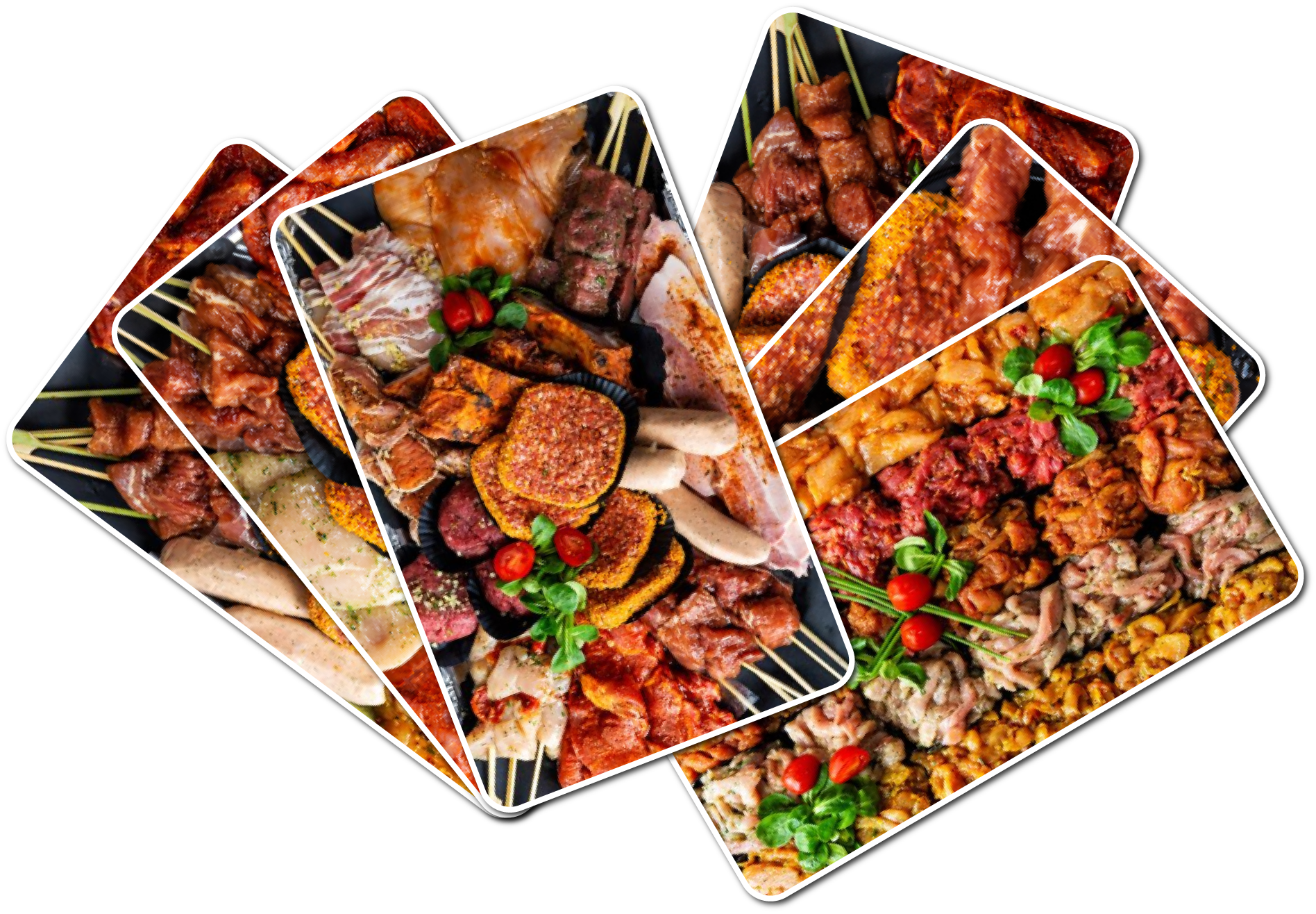 Een selectie van ambachtelijke barbecueschotels met vlees, spiesjes en kruidenboter, gepresenteerd in een frisse zomerse stijl.