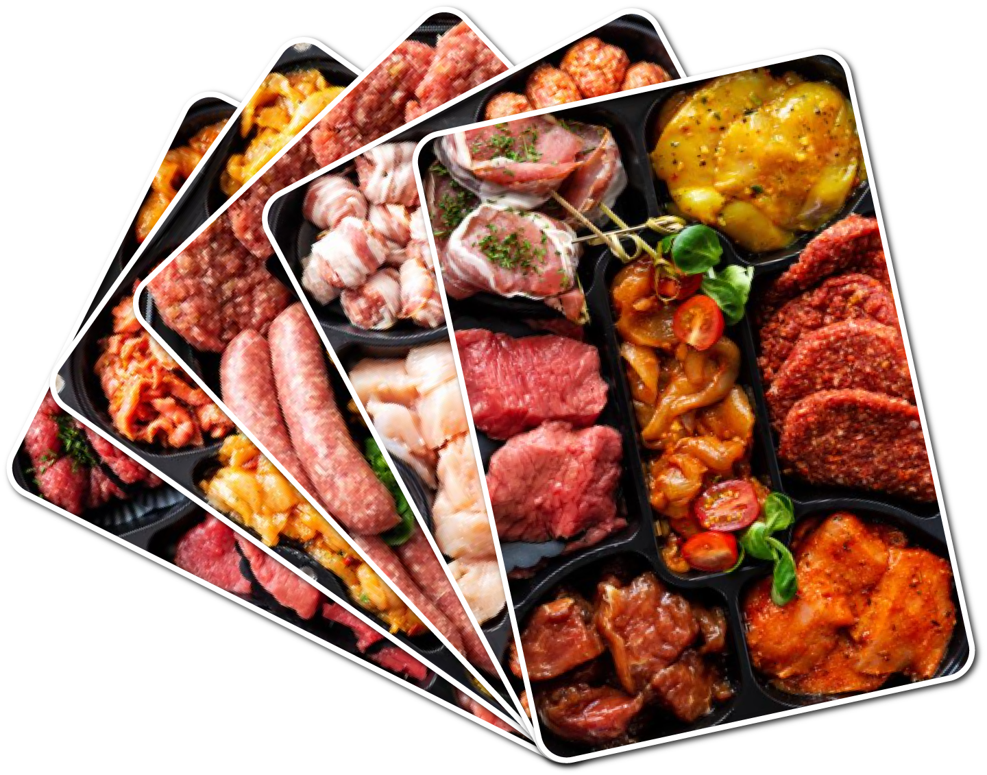 Assortiment van verse gourmetschotels met vlees, kip en gemarineerde specialiteiten, gepresenteerd als collage.