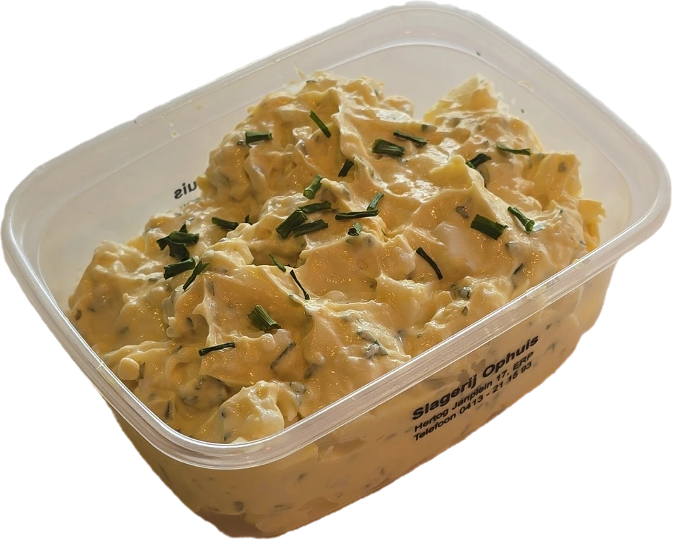 Plastic bakje met verse eiersalade van Slagerij Ophuis, onderdeel van het Piggy spaarsysteem.